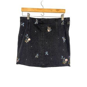 Retro Floral Denim Skirt Black M Embroidery Preppy Western Boho Hippie Indie 80s